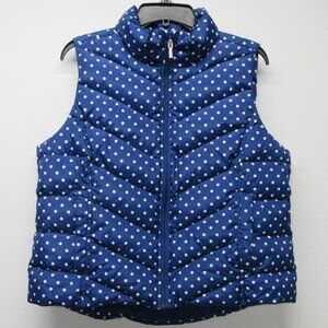 Lands' End Down Vest Womens Large Petite L/P 14-16 Blue White Polka Dot Full Zip